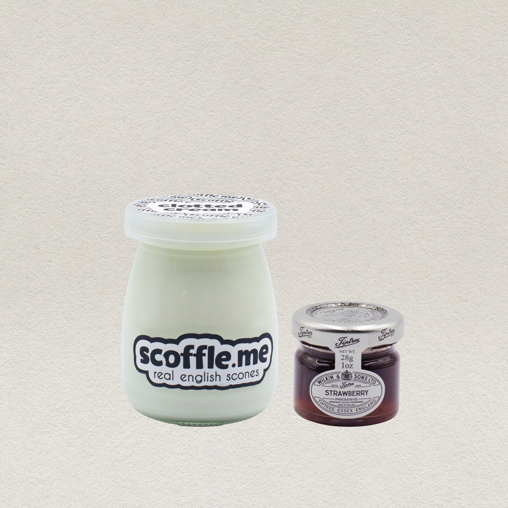 A 100ml glass jar of our homemade clotted cream and a 40g jar of real strawberry jam. 