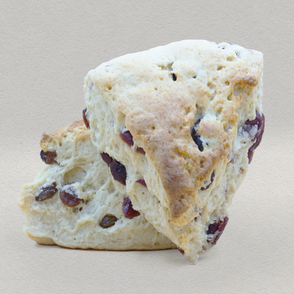 Two traditional English scones bursting with juicy dried cranberries.