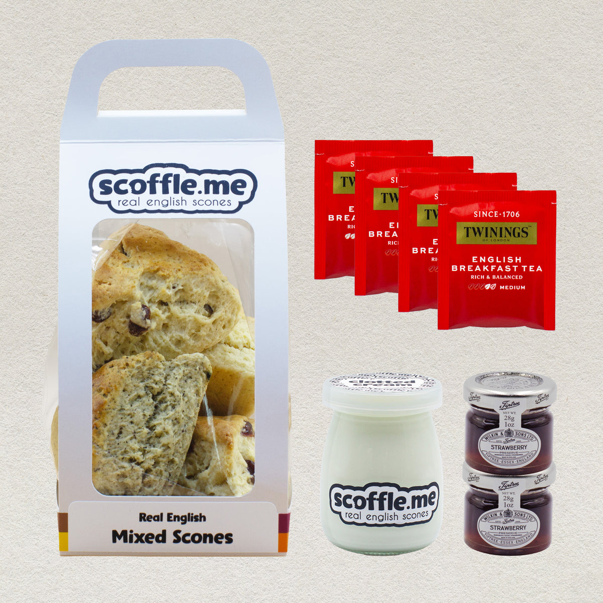 Scoffle Me's traditional cream tea set includes a bag of mixed scones, four bags of single serving Twining's English Breakfast Tea, two jars of strawberry jam and one jar of clotted cream. 