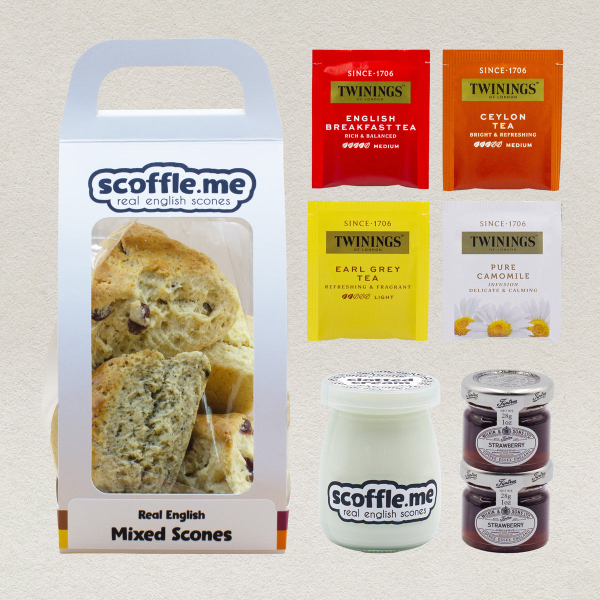 Scoffle Me's Variety Cream Tea Set featuring one bag of mixed scones, four bags of different flavoured teas, two jars of strawberry jam and one jar of clotted cream. 